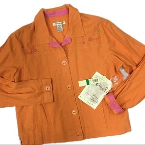 Mureli Embroidered Linen Blend Long Sleeve Jacket Tangerine L